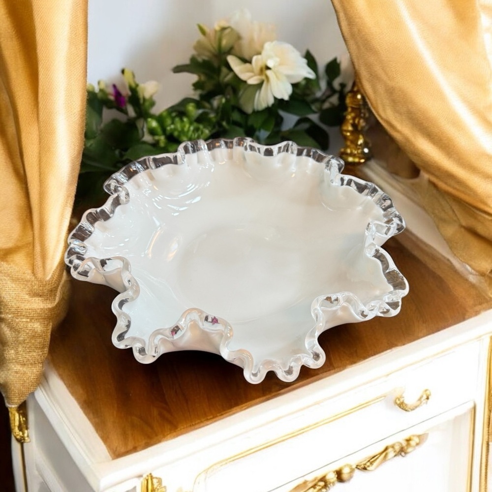 Vintage Fenton Silver Crest 8" Milk Glass Double Crimped Ruffled Rim Bowl